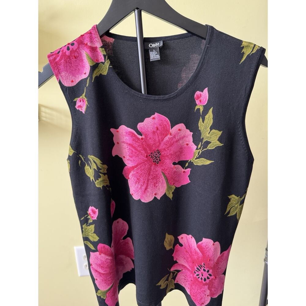 Obeé Black Pink Floral Sleeveless Top L Silk Blend Beaded Hibiscus Print Tank